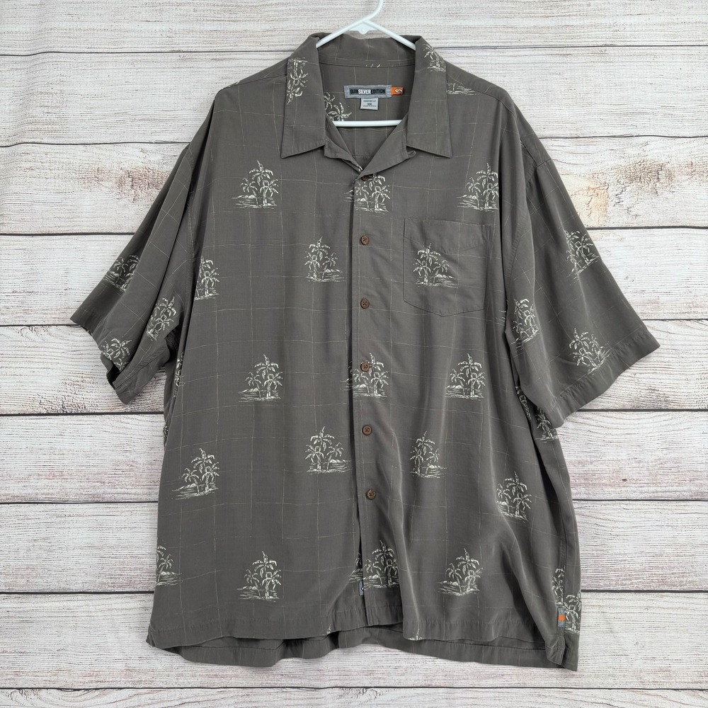 Vintage Y2K Quiksilver Edition Button Down Shirt Men XXL Gray Palm Tree Tropical